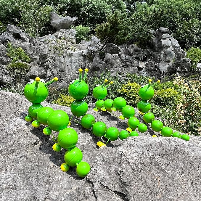 Metal Caterpillar Statue Yard Art Garden Decor for Outside Patio Lawn Ornaments Fence Decorations Gift for Family,Friends,Garden Lovers - Set of 4(Green)
