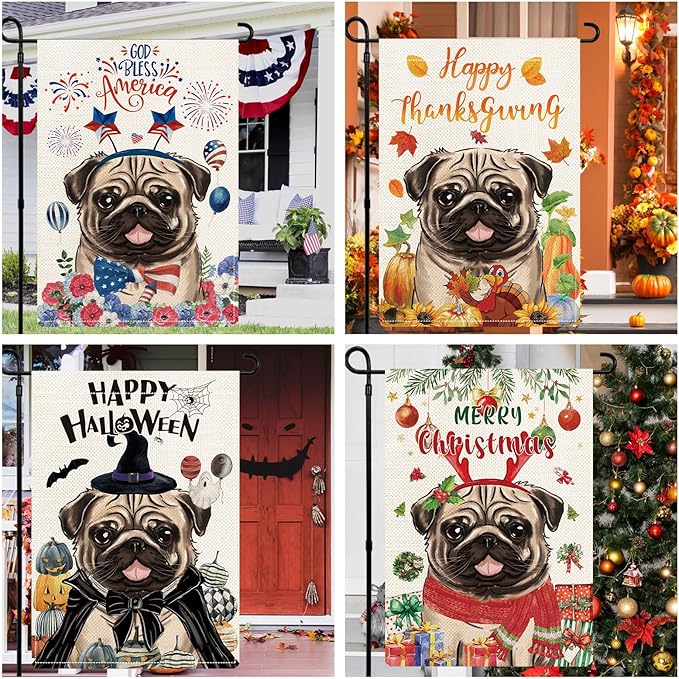 Pug Garden Flags for Outside Set of 12, Dog Welcome Seasonal Garden Flags 12x18 Double Sided for All Seasons and Holidays, Spring Summer Yard Lawn Flag for Outdoor Decor, Pug Decor