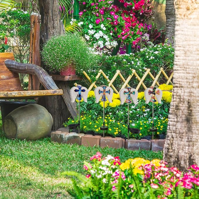 Retisee 4 Pack Halloween Decoration Cross Angel Wings Solar Lights for Outdoor Memorial Solar Lights for Graves Lighted for Halloween Christmas Garden Lawn Porch Yard Patio Waterproof Decor