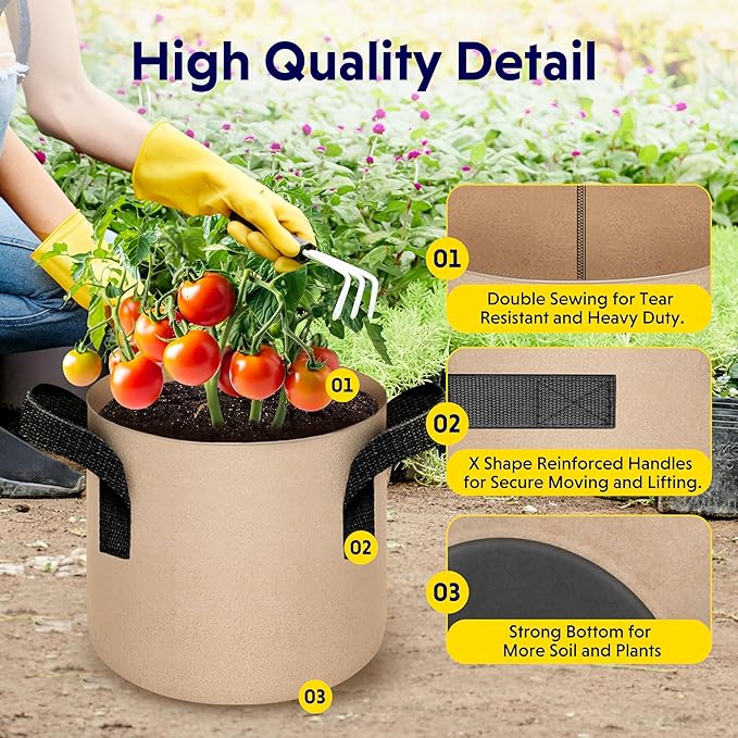 iPower 5 Pack 2 Gallon Grow Bags Heavy Duty 300G Thickened Nonwoven Fabric Plant Pots with 5 Labels & Handles for Outdoor Garden, Aeration Planter Bags for Fruits, Vegetables, Tomato & Flowers, Tan