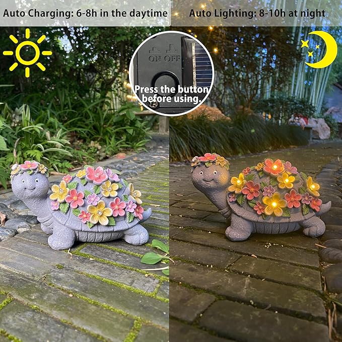 Solar Turtle Statues Garden Decor - Cute Turtle Figurine with Flowers Solar Lights, Tortoise Statue for Outdoor Yard, Lawn, Patio Decoration - Birthday Gifts for Mom Grandma Women