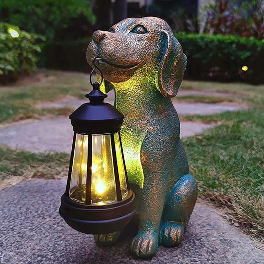 Dog Garden Statue Outdoor Décor with Solar Lights Lantern,Dog Solar Light Figurines Outside Decorations for Yard,Lawn ,Patio, Balcony, Unique Housewarming Gifts