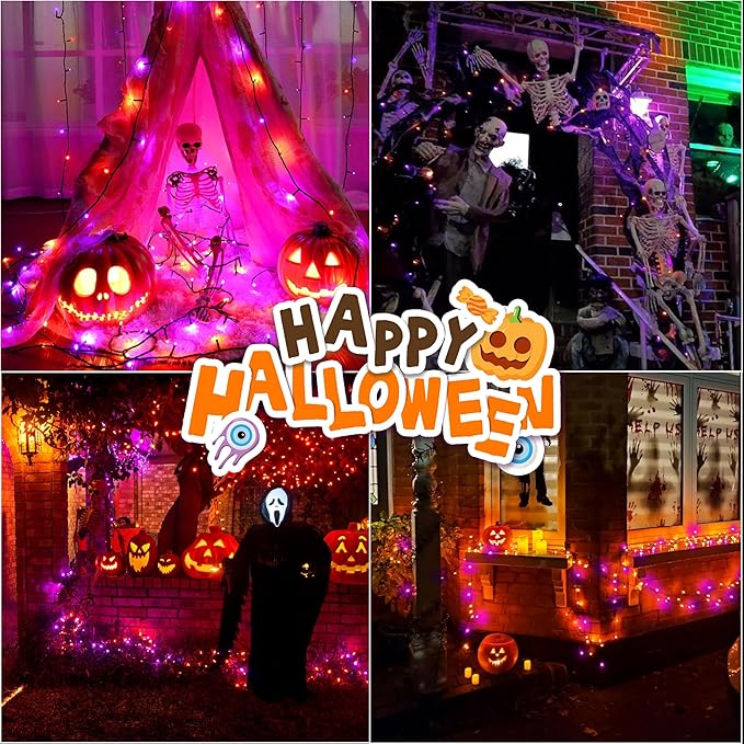 33ft Halloween Decorative Mini Lights, 100 LED Transparent Wire Fairy Starry String Lights Plug in, 12 Lighting Modes, for Halloween Decoration Outdoor Party Decoration (Orange and Purple)
