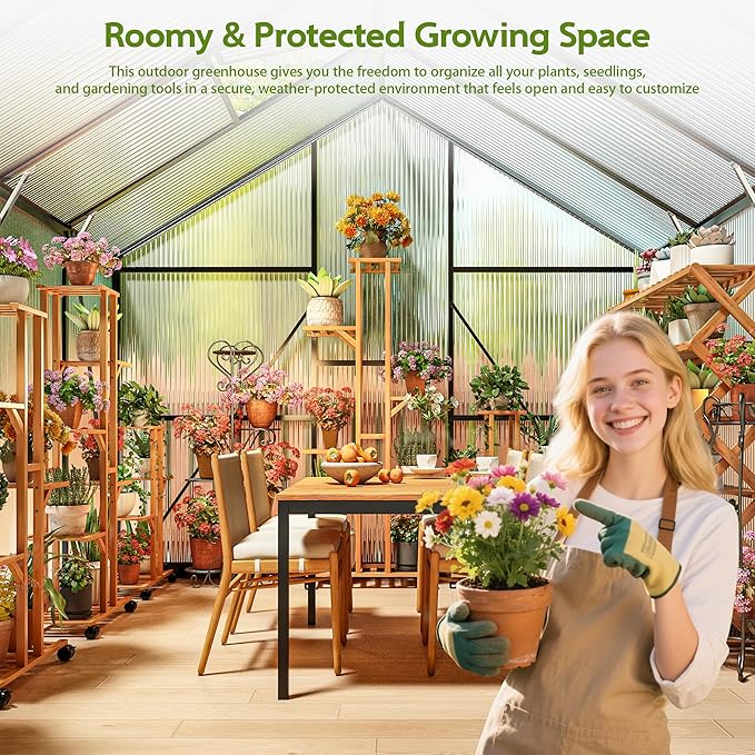 Wanan 14x8FT Greenhouses for Outdoors, Quick Assembly Polycarbonate Green House with UV Protection, Heavy Duty Windproof Aluminum Frame, Adjustable Roof Vent for Backyard or Outdoor Garden Use