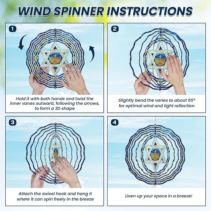 FLAGWIX Christmas Hanukkah Gifts for Women Men - Star of David 3D Stainless Steel Wind Spinners Outdoor 12in- Christmas Hanukkah Decorations, Hanging Wind Spinners Garden Decor, Religious Jewish Gifts