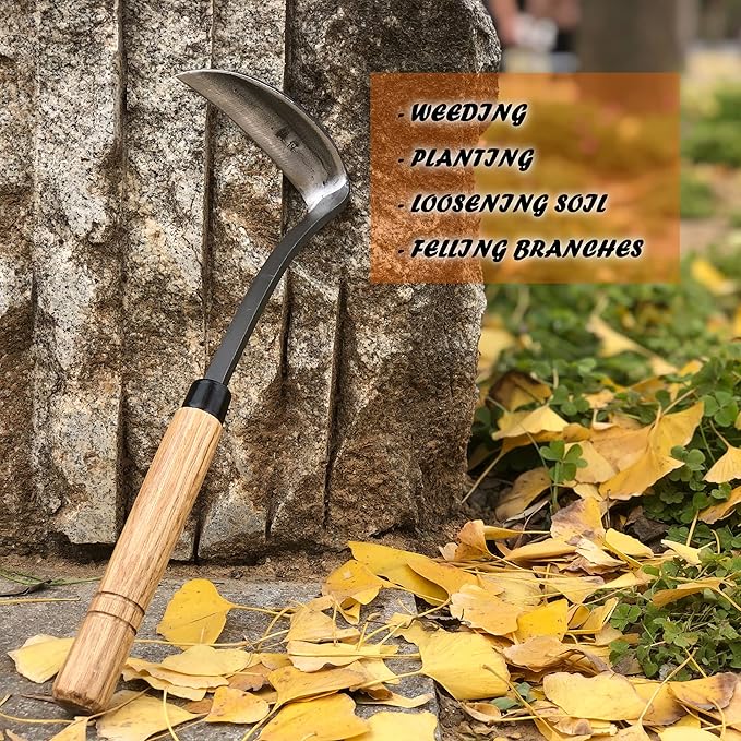 SHANFEEK Grass Sickle Japanese Weeding Hoe Garden Hand Tool Weeding Tools for Garden High-Strength Steel with Solid Wood Handle (Grey)