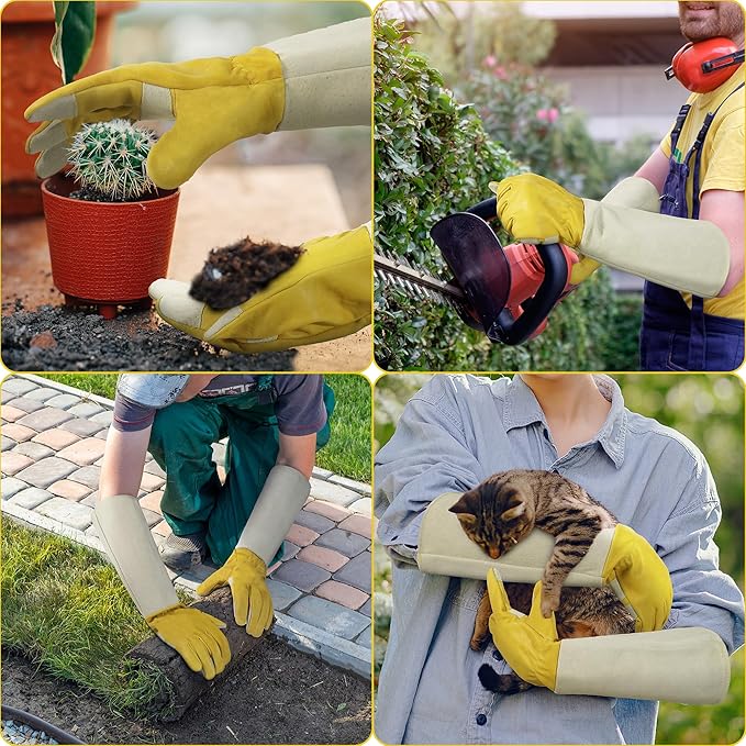 HANDLANDY Rose Pruning Gloves for Men & Women, Thorn Proof Long Garden Gloves, Gardening Gifts for Gardeners (Yellow- goatskin, Large (Pack of 1))