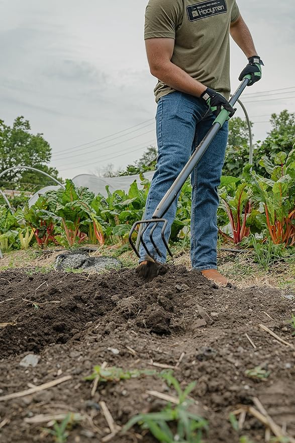 Hooyman 4-Tine Cultivator with Heavy Duty Carbon Steel Construction, No-Slip H-Grip Handles for Gardening, Land Management, Yardwork, Farming, and Outdoors