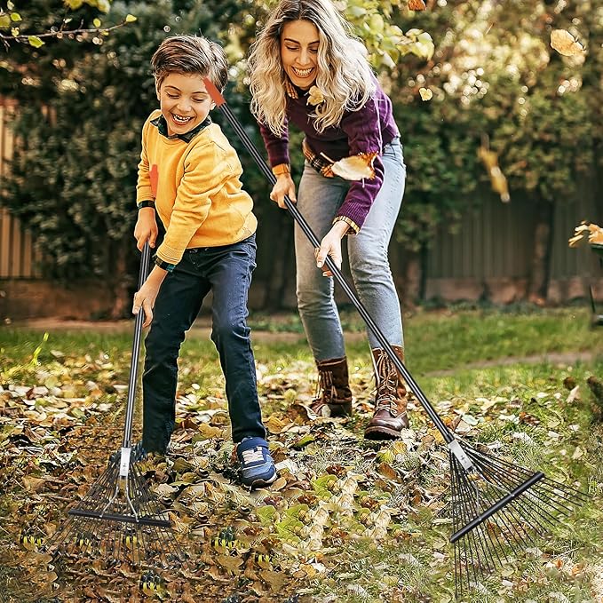 High-Carbon Steel Gardening Leaf Rake, Suitable for Raking Leaves and Lawn Tidying,Adjustable Split Long Handle33-67, 22tines 22.8" Wide,Garden rake and thatch rake Suitable for Adults