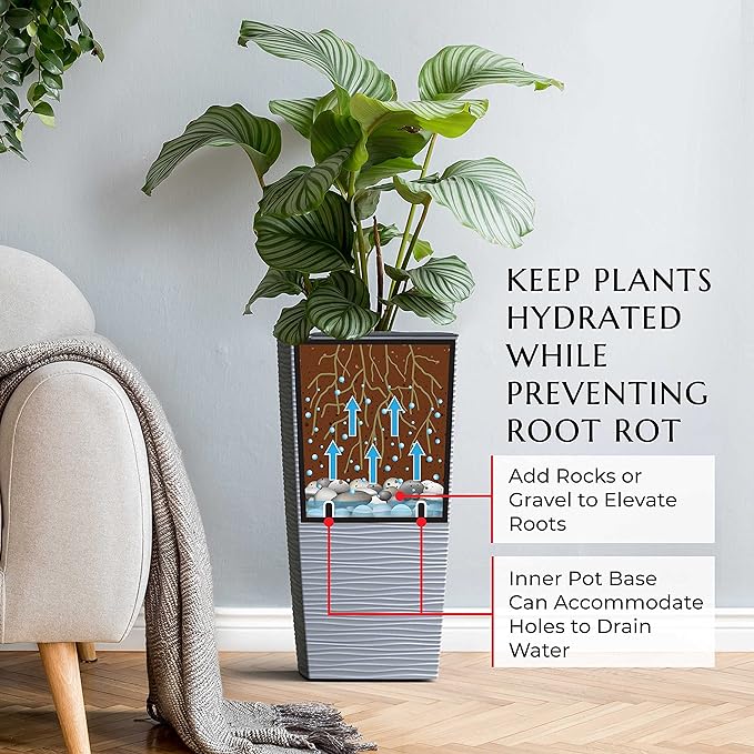 Mueller M-Resin Heavy Duty Tall Planter, Indoor/Outdoor Grande Plant, Tree, Flower Pot, 2-Piece Set, 27.5”, Modern Design, Built-in Drainage, Light Grey
