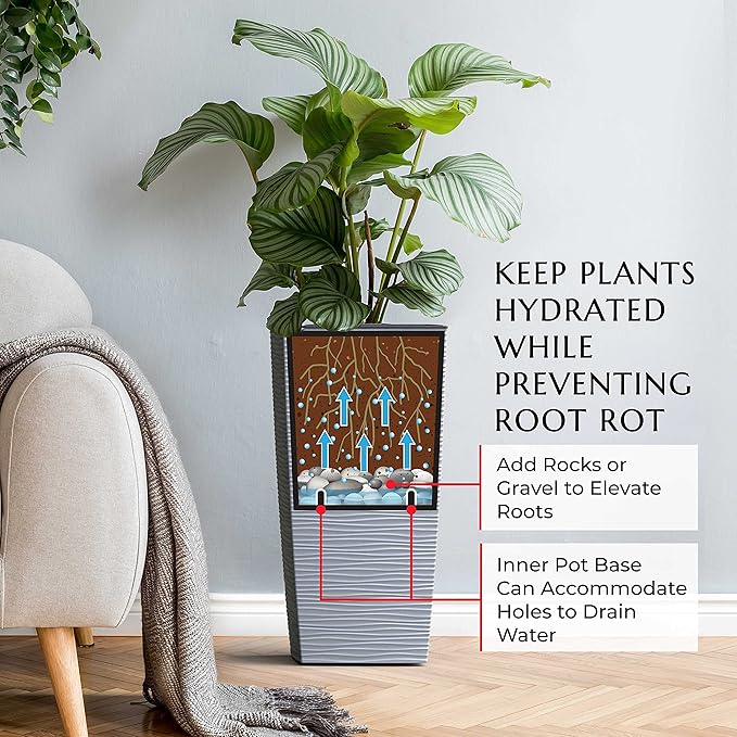 Mueller M-Resin Heavy Duty Tall Planter, Indoor/Outdoor Grande Plant, Tree, Flower Pot, 2-Piece Set, 18”, Modern Design, Built-in Drainage, Light Grey
