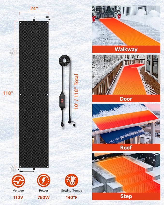Heated Snow Melting Mat Outdoor, 24" x 118" Connectable Graphene 2.0 Heated Outdoor Mats, Melts 4in/hr for Walkway, Driveways, Patios and Decks, Snow and Ice Remove