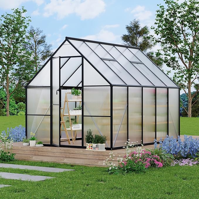 8 ft x10 ft Aluminum-Framed Polycarbonate Greenhouse, Heavy Duty Polycarbonate Greenhouse with Quick Setup Structure and Roof Vent, Large Enhanced Aluminum Green House Kit for Outdoors