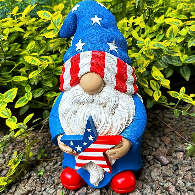 Mood Lab Garden Gnome - USA Patriotic Gnome Figurine - 9 Inch Tall Lawn Statue - for Outdoor or House Decor