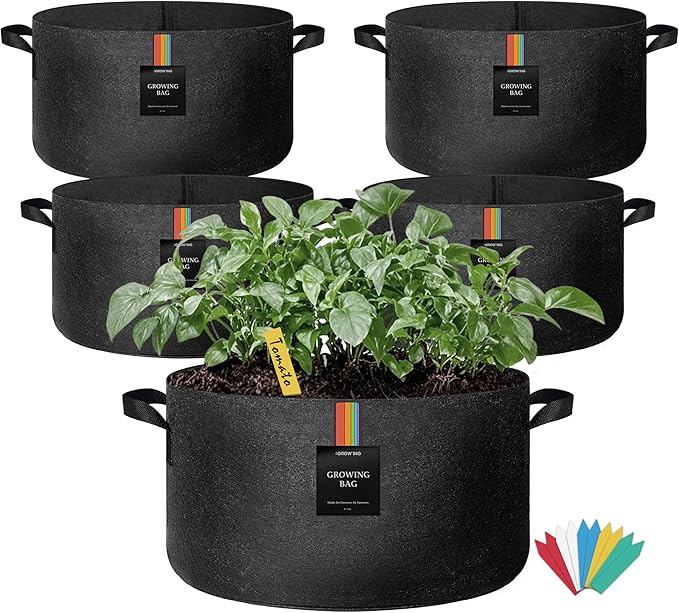 The Growing 5 Pack 15 Gallon Fabric Grow Bags,Thickened Aeration Nonwoven Fabric Plant Pots with Durable Handles,Heavy Duty 300G Planter Pot for Tomato, Fruits, Vegetables and Flowers, Black