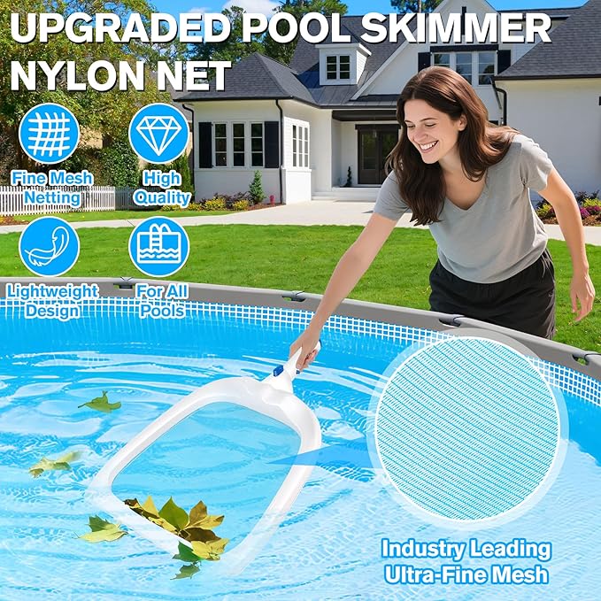 KingSom Swimming Pool Cleaning Kit,Pool Cleaning Tool with EZ Clip,Include 20" Round Pool Brush Head,19" Pool Scrub Brush,Deep Skimmer Net,Leaf Rake Net,Pool Cleaning Equipment for Above Pool(NO Pole)