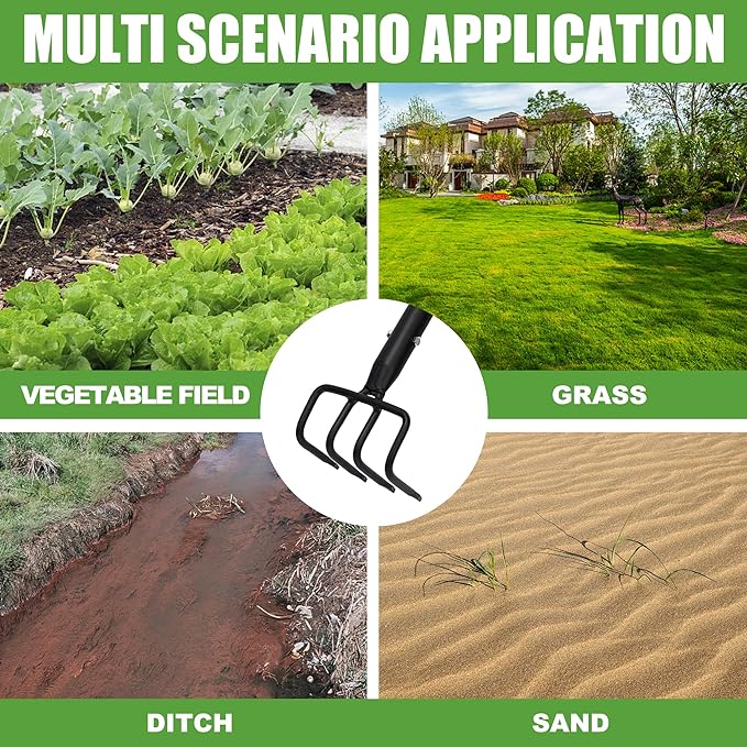 Long Hand Cultivator, Carbon Steel & Stainless Steel Tiller Cultivator, Garden Cultivator with Telescopic Handle and Soft Handle Cover, Hand Tiller for Digging Loosening Weeding