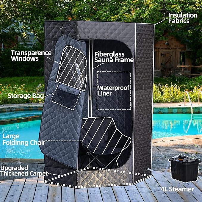 XL Portable Sauna Box, 4L Steamer Portable Steam Sauna for Home, Personal Sauna with Big Sauna Chair, Remote Control, Gray, 1400W