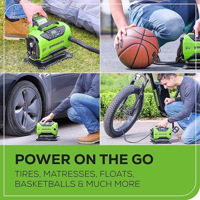 Greenworks 48V (2x24V) Cordless Yard Tool Combo - 21" Self - Propelled Push Mower, 12" Trimmer, Blower + 24V Cordless Battery Inflator