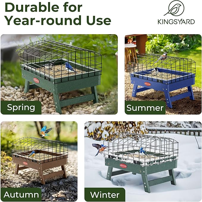 Kingsyard Squirrel Proof Ground Bird Feeder for Outdoors - Recycled Plastic Platform Feeding Station, Fly-Through Metal Caged Wild Bird Feeder for Small Birds, 5 LBS Large Capacity, Green