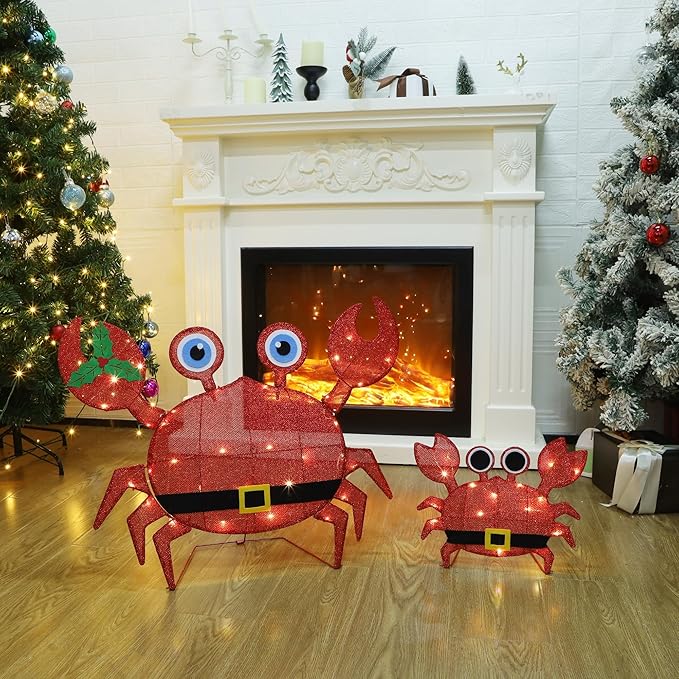 Prsildan Outdoor Christmas Decorations - Set of 2 LED Lighted Crab Yard Decor, 2D Battery Operated Holiday Lawn Figures for Porch, Garden, Home, Xmas Party Decor (Red)