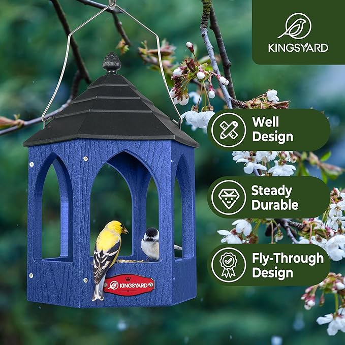 Kingsyard Platform Bird Feeder for Outdoor Hanging - Gazebo Style Recycled Plastic Wild Bird Feeding Station with Rain-Proof Roof & Metal Mesh Tray. Blue