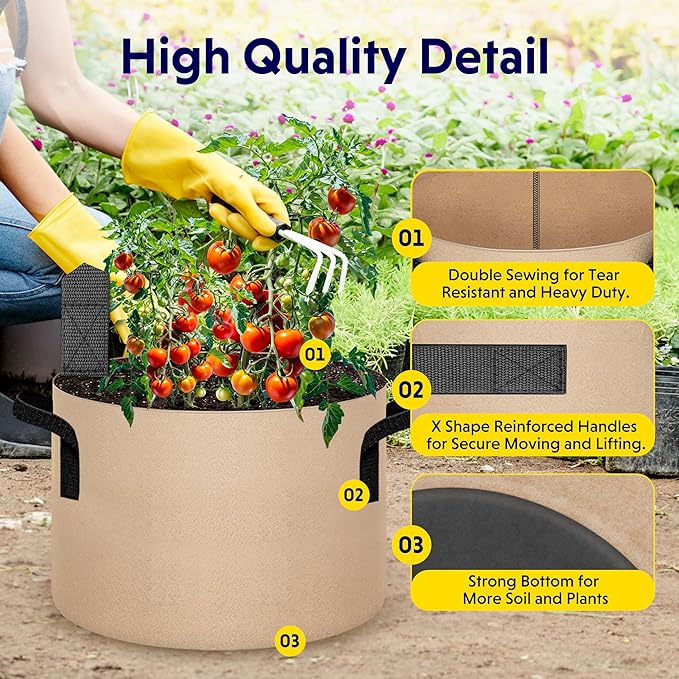 iPower 5-Pack 20 Gallon Plant Grow Bags Thickened Nonwoven Aeration Fabric Pots Heavy Duty Durable Container, Strap Handles for Garden, Tan New