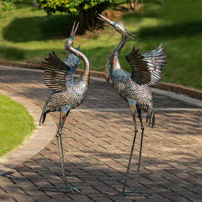 Natelf Garden Crane Statues, Outdoor Large Bird Yard Art Decorations Metal Lawn Ornament for Home Patio Porch Backyard Decorations(Set of 2)