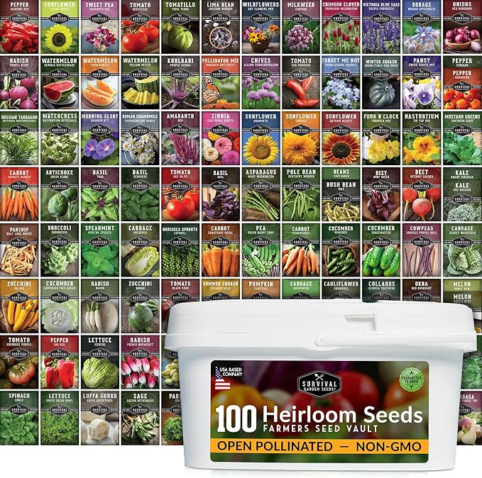 Survival Garden Seeds Farmer Seed Vault - 100 Packets Non-GMO Heirloom Vegetable, Fruits, Herb Seed Varieties for Planting a Victory Garden - Plant & Grow Survival Food - Emergency Preparedness Gear