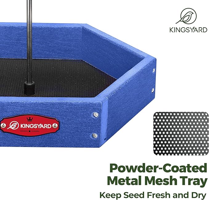 Kingsyard Large Hanging Platform Bird Feeder Weatherproof Durable, Recycled Plastic Tray with Metal Mesh, Easy Clean Outdoor Feeder for Cardinals Bluebirds Wild Birds, Blue