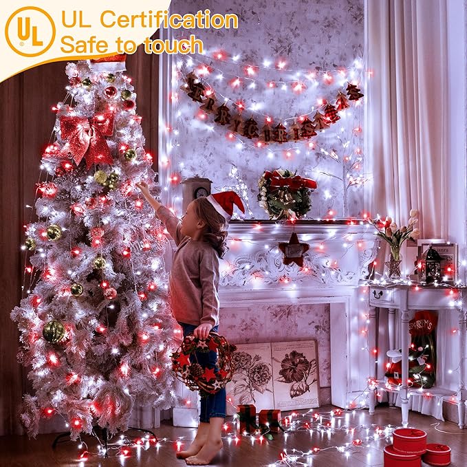 Ollny Red and White Christmas Lights Waterproof, 400LED 131FT String Lights with Remote 3 Timer, Plug in 8 Modes Fairy Light for Xmas Tree Indoor Bedroom House Party Wedding Decorations