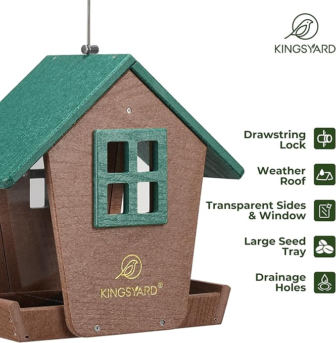 Kingsyard Bird Feeder House for Outdoors Hanging, Recycled Plastic Large Bird Feeder with Weatherproof Roof & Seed Tray for Finch Cardinal Chickadee, Large Capacity 4 lbs, Garden Yard Outside Decor