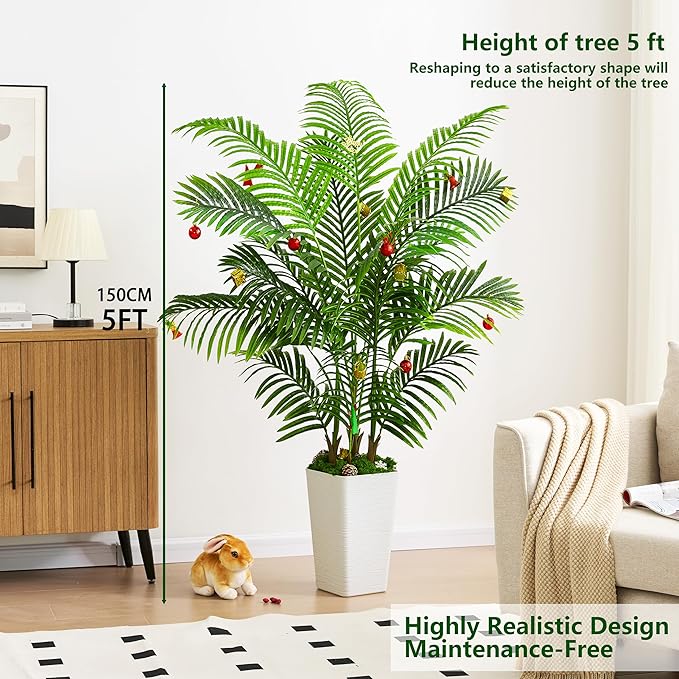 Artificial Palm Tree Artificial Silk Plant Fake Tree with White Tall Planter Faux Tropical Areca Floor Plant in Pot (1, White Tall Planter, 5 FT)