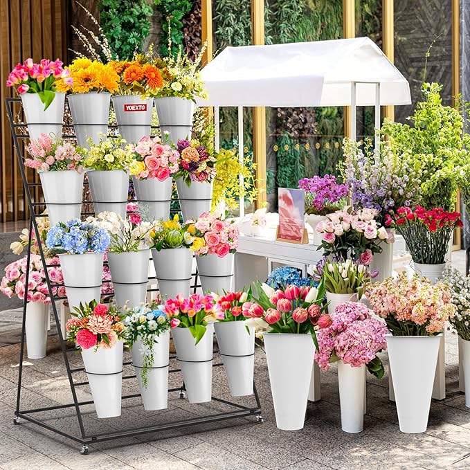 Flower Display Stand with Buckets, 4 Layers 16 PCS Plant Stand with Wheels, Movable Metal Plant Stand for Terrace Garden, Living Room, Florist Shop (Black Frame - White Buckets, 4-Tier)