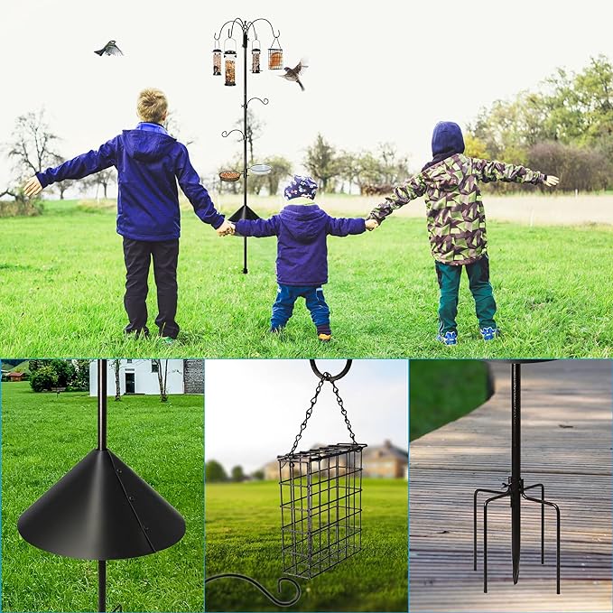 6-Hook Bird Feeding Station, Steel Multi-Feeder Kit Stand for Attracting Wild Birds w/ 4 Bird Feeders, Bird Bath, Mesh Tray and Squirrel Guard Baffle,94 Inch