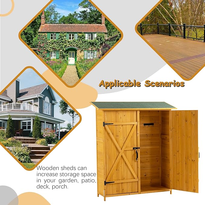 Outdoor Storage Cabinet, Double Lockable Wooden Garden Shed, Outside Vertical Wood Tall Tool Shed for Yard Patio Lawn (Natural)