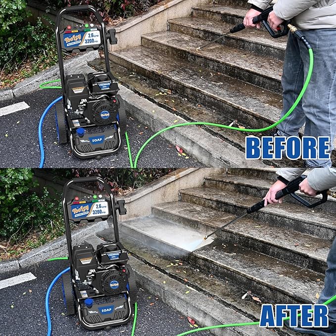 TOOLCY Gas Powered Pressure Washer, 3200 PSI and 2.6 Max GPM, Reinforced Pump, 35FT Extended Power Hose, Kink-Less Swivel Gun with & 5 Nozzles, for Cars/Fences/Driveways/Homes/Patios