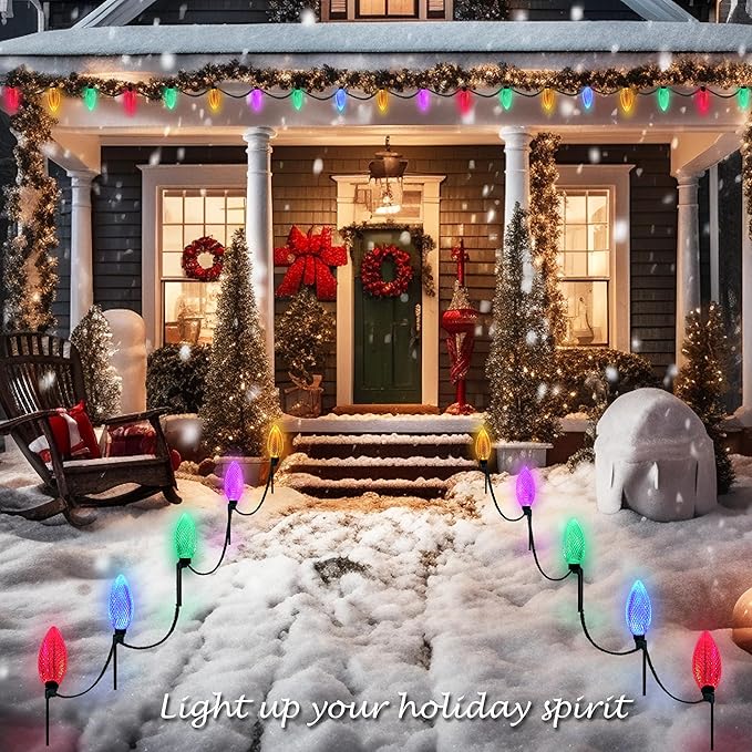 AWQ 10 LED 24.6FT Christmas Pathway Lights, Multi & Warm Color Pinecone Marker Lights with 10 Steel Stake & 11 Modes, Connectable Ground Light for Lawn, Patio, Walkway, Sidewalk (10)