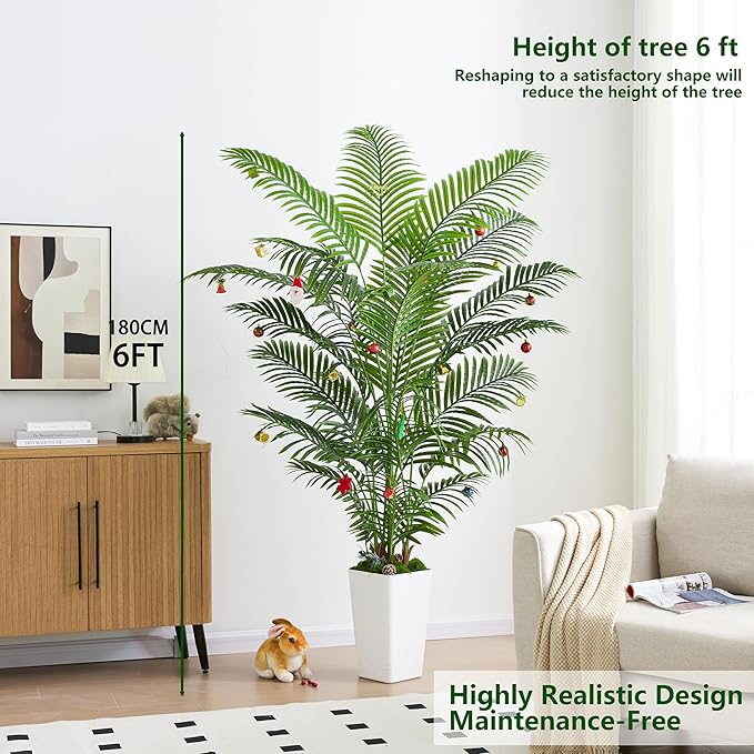 Artificial Palm Tree Artificial Silk Plant Fake Tree with White Tall Planter Faux Tropical Areca Floor Plant in Pot (1, White Tall Planter, 6 FT)