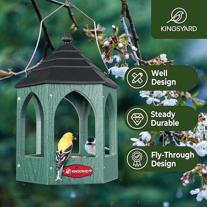 Kingsyard Platform Bird Feeder for Outdoor Hanging - Gazebo Style Recycled Plastic Wild Bird Feeding Station with Rain-Proof Roof & Metal Mesh Tray. Green