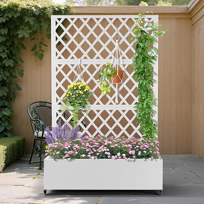 Metal Planter Box with Trellis, Heavy-Duty Raised Garden Bed for Climbing Plants, Drainage Hole, Outdoor Planter Box with Privacy Screen,47''L×16''W×71''H