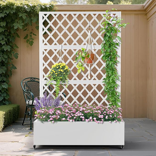 Metal Planter Box with Trellis, Heavy-Duty Raised Garden Bed for Climbing Plants, Drainage Hole, Outdoor Planter Box with Privacy Screen,47''L×16''W×71''H