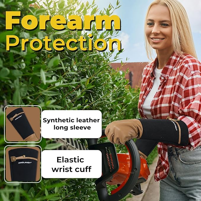 HANDLANDY Long Gardening Gloves for Men & Women, Cowhide Leather Rose Pruning Gloves, Breathable Thorn Proof Gauntlet Gloves (Brown-Cowhide, XL)