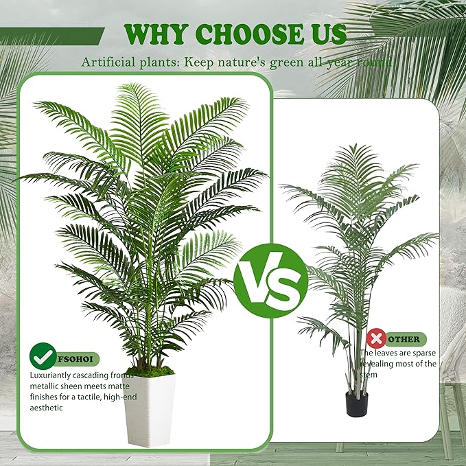 Artificial Palm Tree Artificial Silk Plant Fake Tree with White Tall Planter Faux Tropical Areca Floor Plant in Pot (1, White Tall Planter, 6 FT)