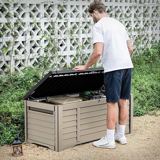 DWVO Outdoor Louver Storage Deck Box w/120 Gallon Capacity, Large Storage Box for Outdoor Pillows, Garden Tools and Pool Supplies, Resin, Waterproof, Lockable (Black & Brown)