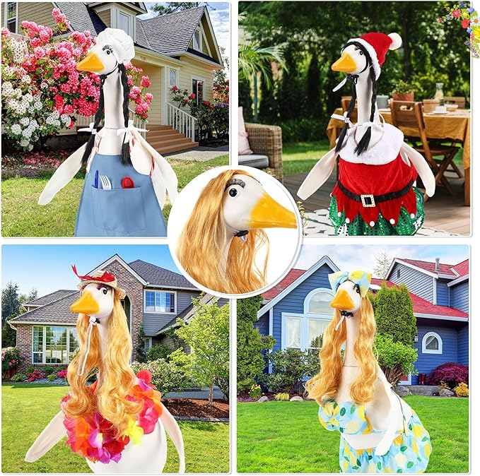 Aliceset 6 pcs Porch Goose Wings with Wigs Eyelash Cute Goosey Braid Wigs PoseAble Wings Reusable 3D Salon Eyelashes with Color for 23/17'' Outdoor Patio Yard Lawn Art Decoration (Elegant)