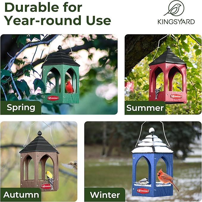 Kingsyard Platform Bird Feeder for Outdoor Hanging - Gazebo Style Recycled Plastic Wild Bird Feeding Station with Rain-Proof Roof & Metal Mesh Tray. Blue