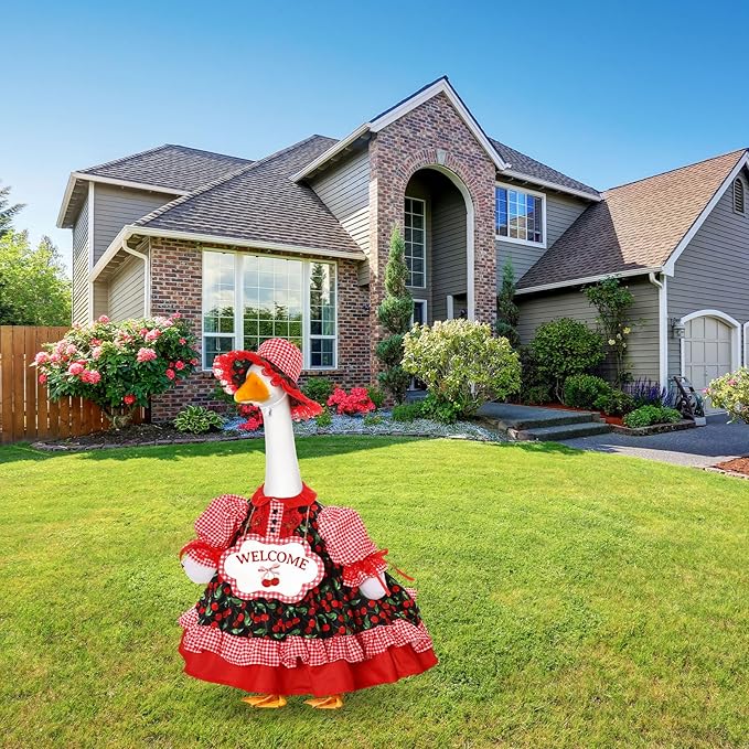 Lolita Goose Outfit Set for 23'' H Plastic Porch Cement Statue Cute Lolita Skirt Fall Spring Summer Goose Costume for Indoor Outdoor Yard Lawn Patio Art Decor(Cherry)