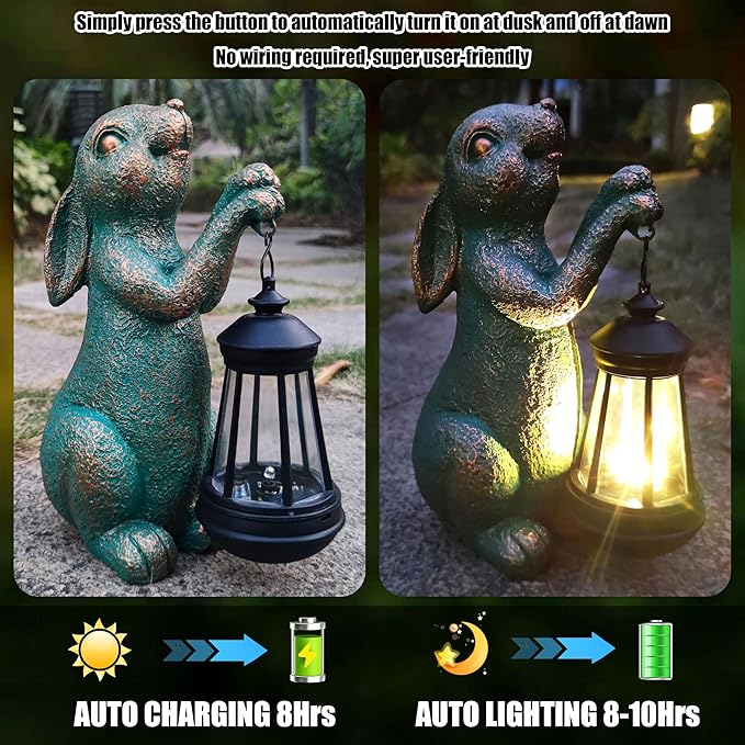 Rabbit Garden Statue Outdoor Décor with Solar Lights Lantern,Rabbit Solar Light Figurines Outside Decorations for Yard,Lawn, Patio, Balcony, Unique Housewarming Gifts