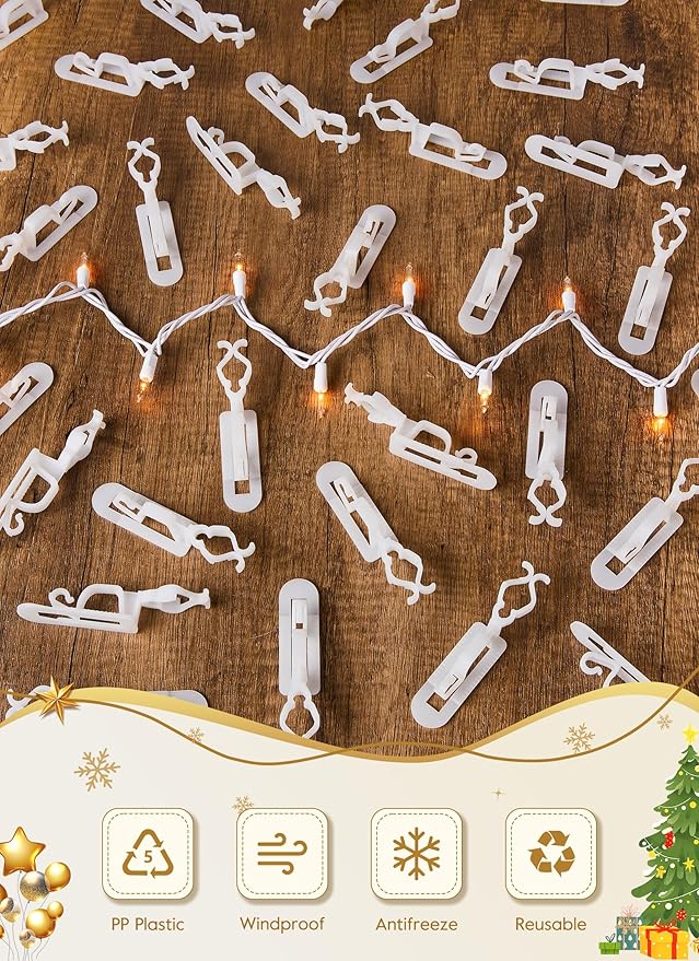Universal Christmas Lights Shingle Clips, 200 Count All in One Gutter Clips, Shatterproof All Purpose Shingle Clips for C7/E12, C9/E17, Mini String Lights, Rope Lights, Outdoor Christmas Decorations